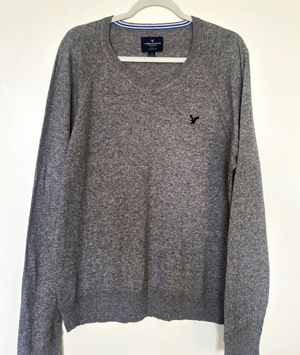 American Eagle Outfitters Gray Knit V-Neck Pullover Sweater Logo Cotton Men's L